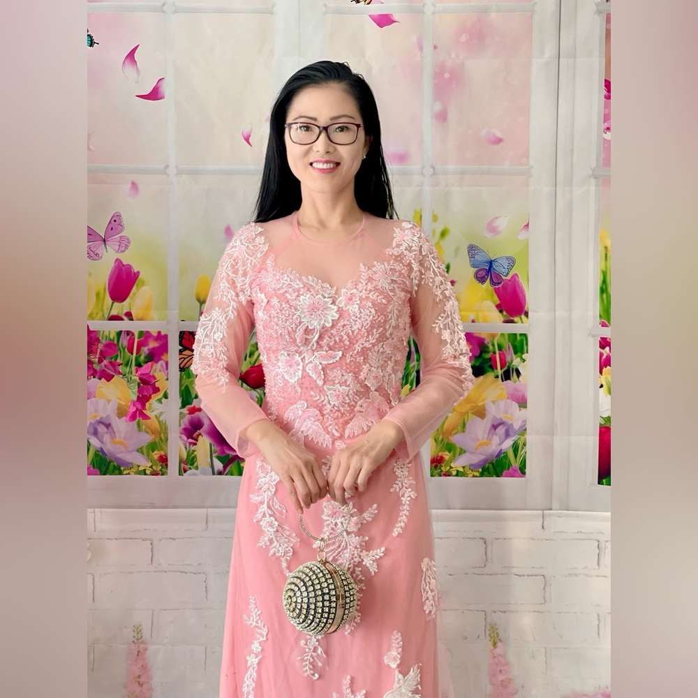 Ao dai ren lace 3D, Vietnamese traditional long dress set m 2 pink 🎁 new year